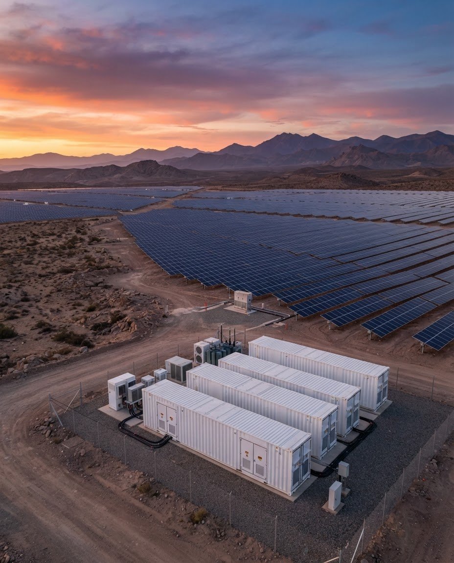 Planta solar con contenedores de baterías en el desierto, imagen ilustrativa